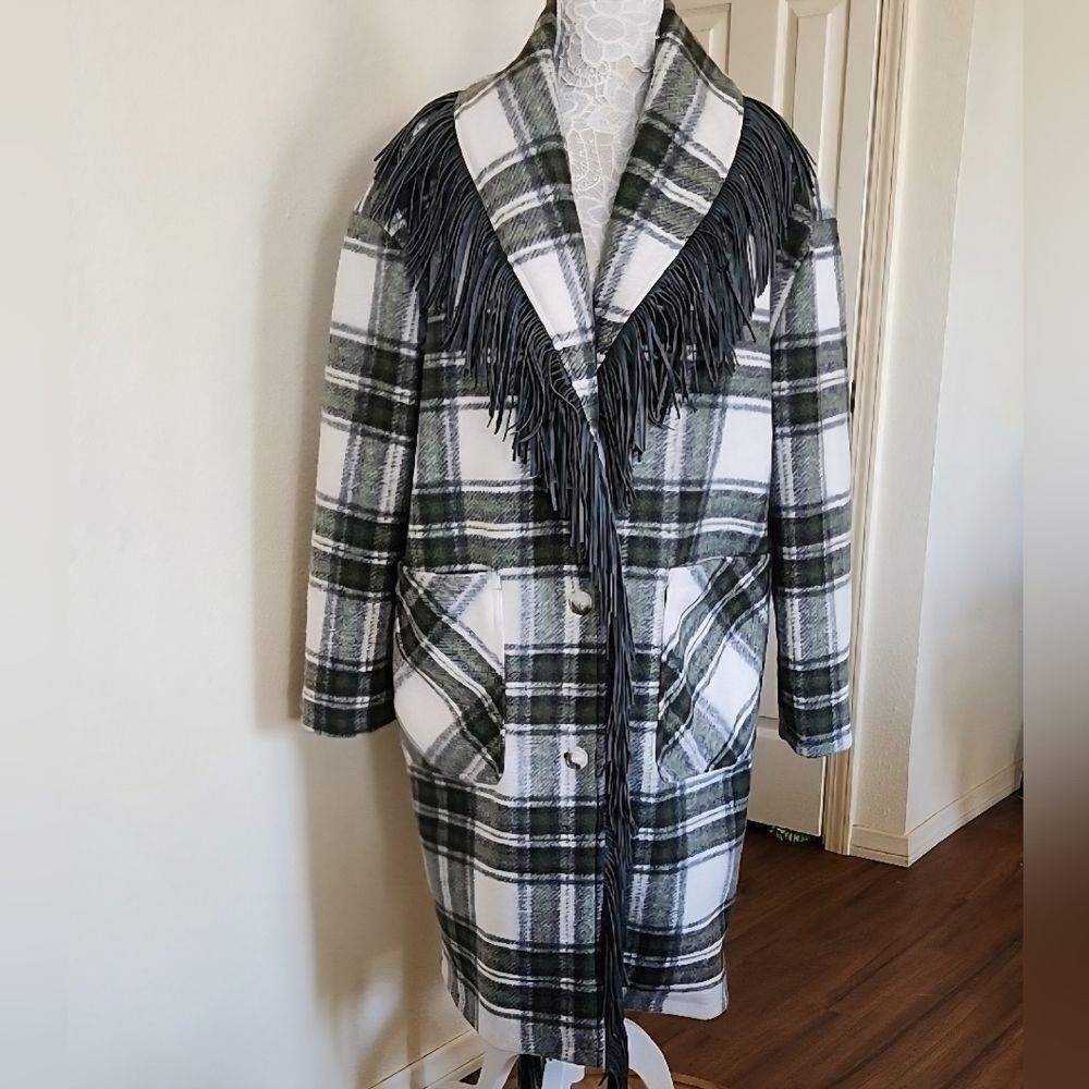 Blank NYC Western Boho Chic Scotland Cottagecore Plaid Fringe Coat Size Large